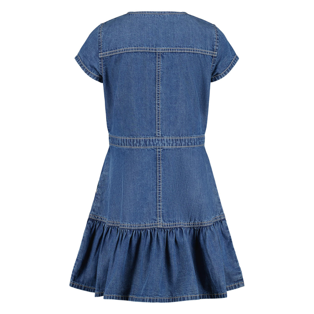 Tommy Hilfiger Vestido Denim Niña | Azul Medio • Manga Casquillo • Cuello Redondo • Volante Inferior • Bandera TH Bordada