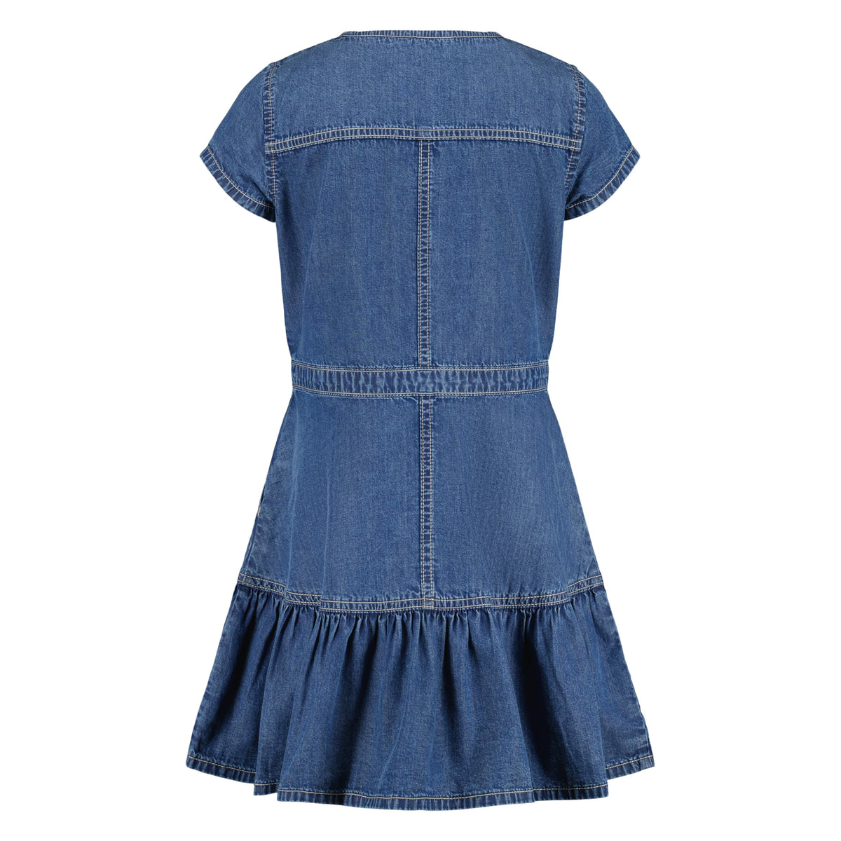 Tommy Hilfiger Vestido Denim Niña | Azul Medio • Manga Casquillo • Cuello Redondo • Volante Inferior • Bandera TH Bordada