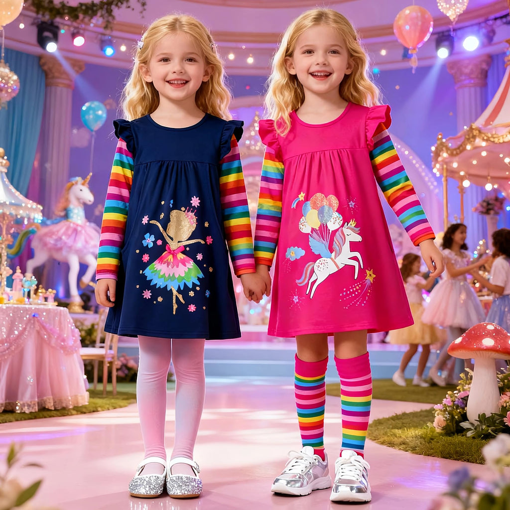 Vestido Niña Algodón + Unicornio Volando Globos Glitter + Alas Azules + Estrellas | Fucsia/Arcoíris Flutter (3T, 7T, y 8T)