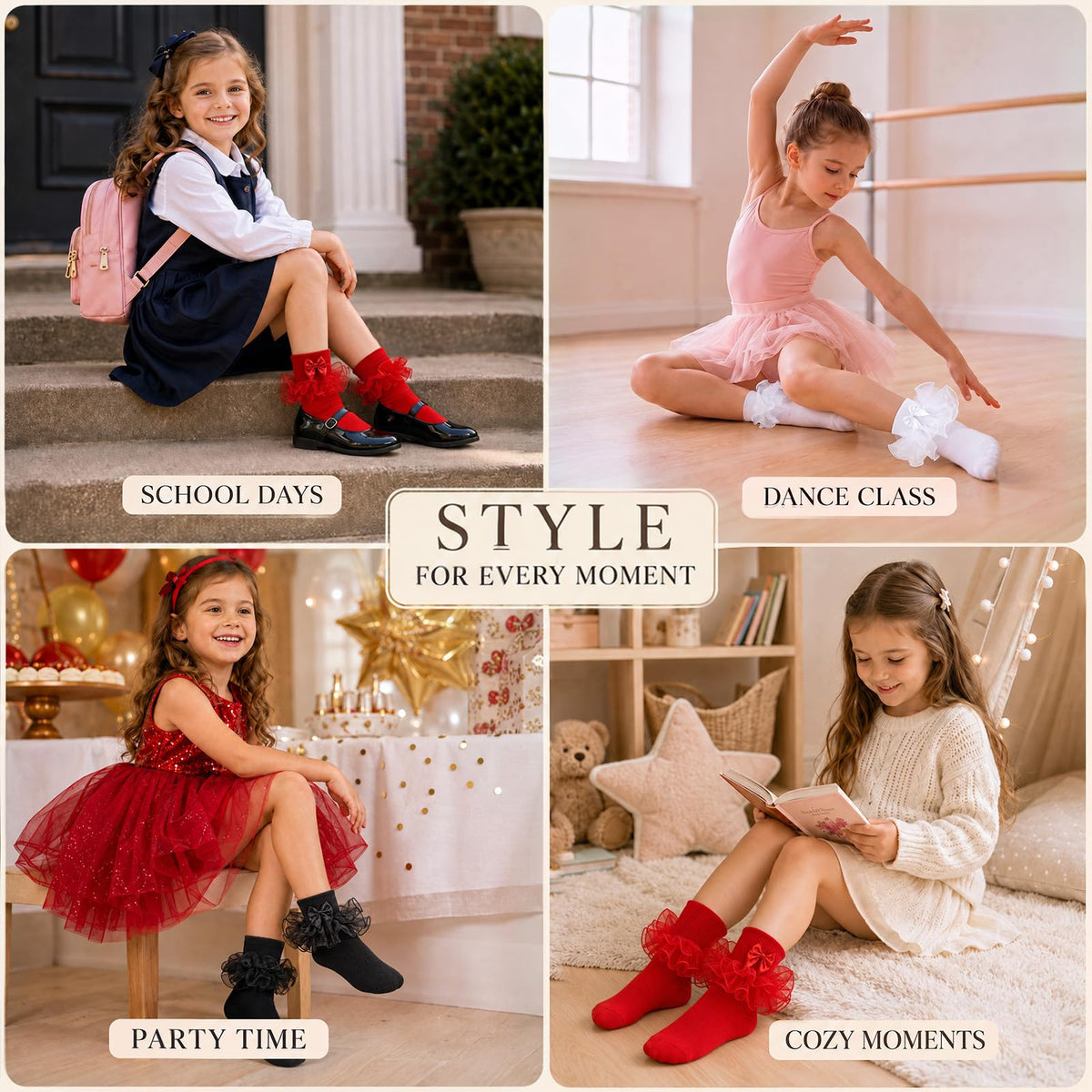 Calcetines Nina Pack 3 Pares Volantes Encaje Tutu Doble Capa Lazo Cinta 3D Blanco Rojo Negro Algodon Organza Princesa Navidad Boda (1 - 10T)