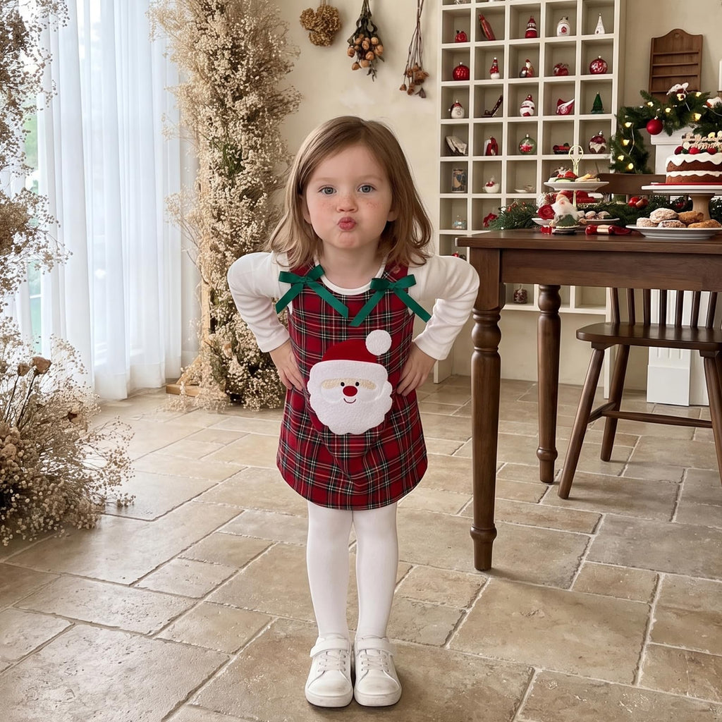 Santa Plaid Girl | Vestido Tartán Rojo Niña Sin Mangas + Cuello Redondo + Aplicación Papa Noel 3D + Lazos Verdes