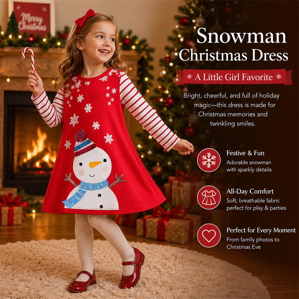 Vestido Navideño de Muñeco de Nieve para Niñas – Manga Larga a Rayas con Lentejuelas, Algodón (3 - 12T)