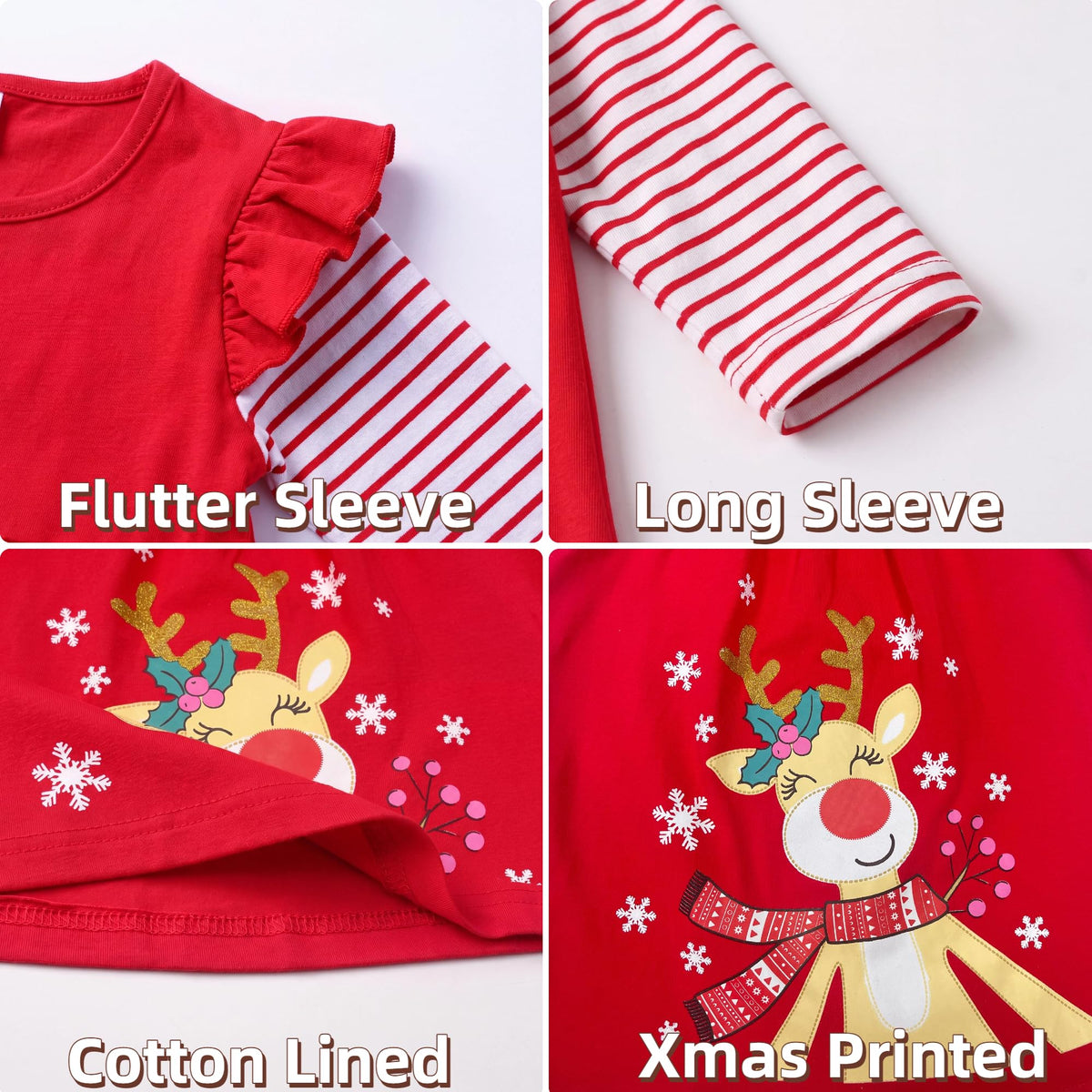 Vestido Niña | Algodón + Reno Rudolph Nariz Roja + Cuernos Dorados + Copos Nieve | Rojo/Blanco Navidad Flutter (3T - 8T)