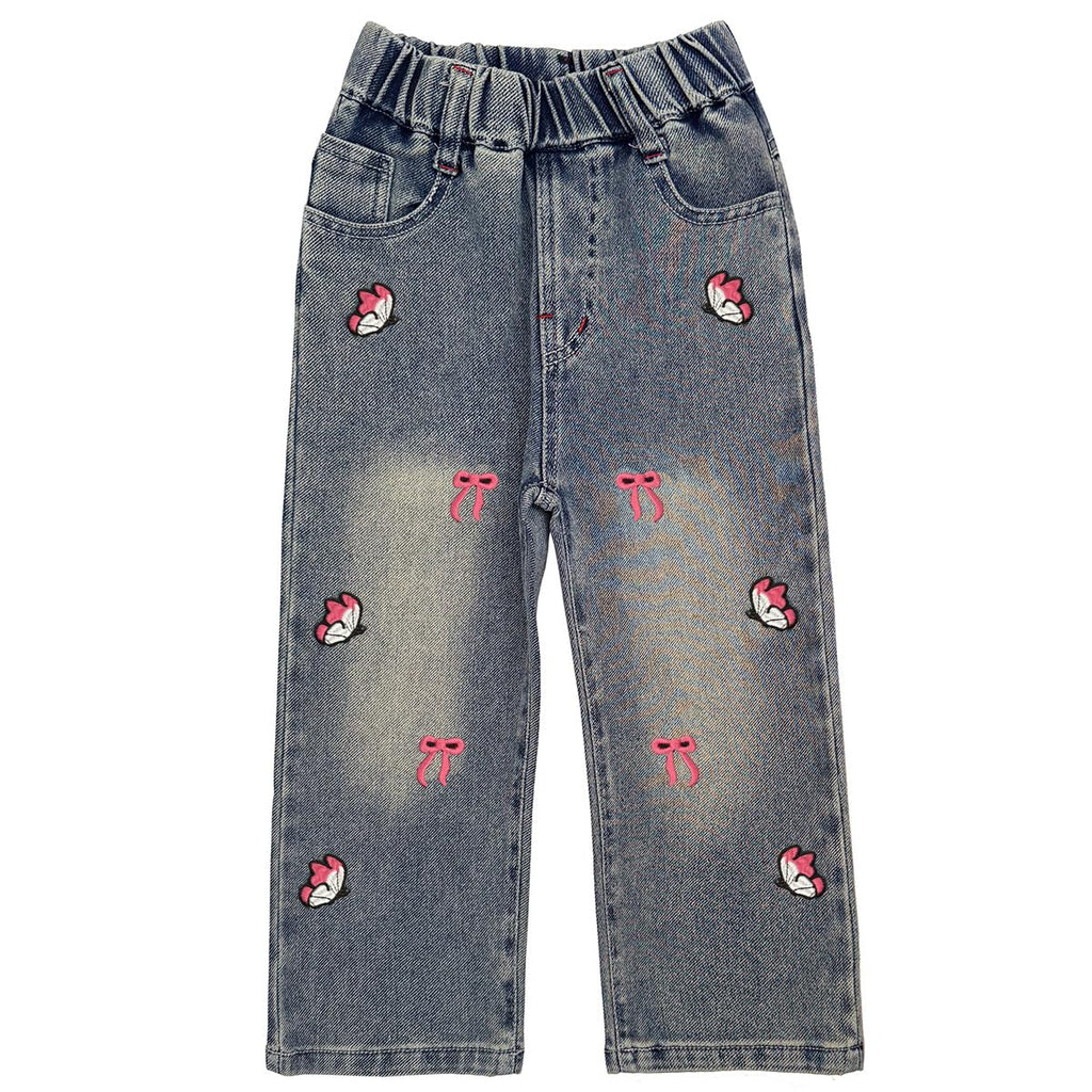 Conjunto 2 Piezas para Niña: Sudadera Amarilla Corazón Mariposas con Strass y Lazos 3D y Jeans con Mariposas y Lazos Bordados