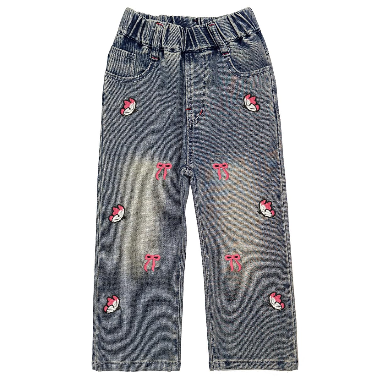 Conjunto 2 Piezas para Niña: Sudadera Amarilla Corazón Mariposas con Strass y Lazos 3D y Jeans con Mariposas y Lazos Bordados