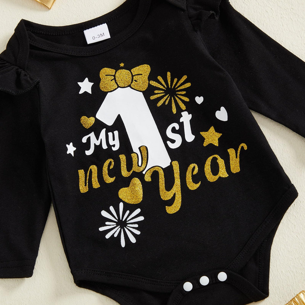 My 1st New Year | Conjunto Bebé Niña Negro y Dorado + Falda Tutú + Medias + Diadema