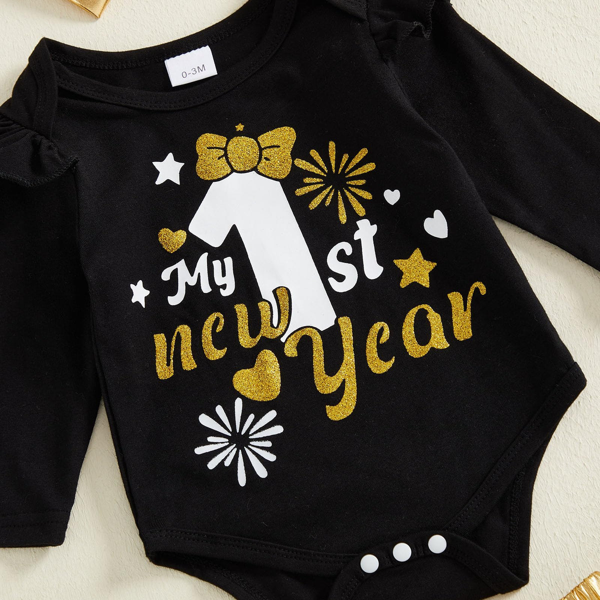 My 1st New Year | Conjunto Bebé Niña Negro y Dorado + Falda Tutú + Medias + Diadema