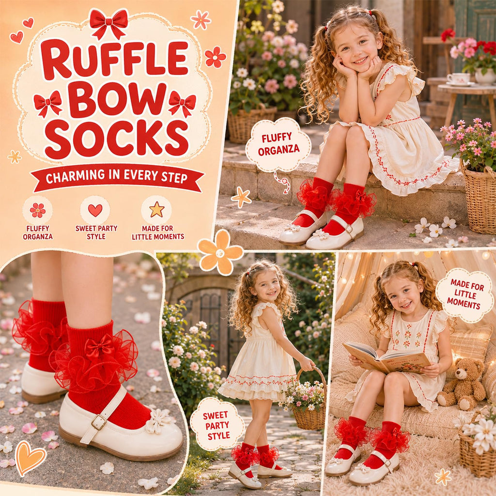 Calcetines Nina Volantes Encaje Tutu Doble Capa Lazo Cinta 3D Rojo Algodon Organza Princesa Navidad Boda (1 - 10T)