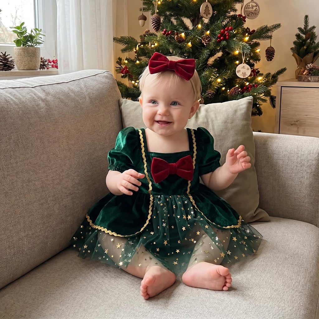 Mameluco Navideño de Terciopelo con Lazo y Tul Estrellas Bebé Niña - Verde