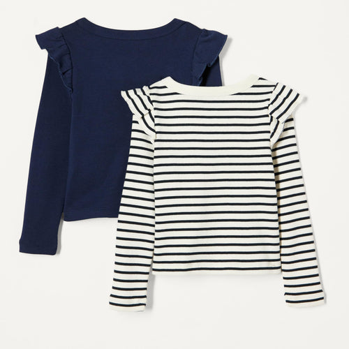 Amazon Essentials Pack x2 Camisetas Niña | Navy + Rayas • Manga Larga con Volantes