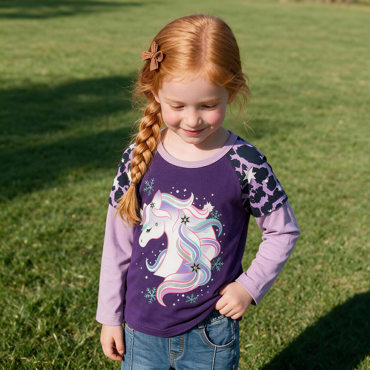 Top de Manga Larga con Unicornio Invernal para Niñas – Morado con Mangas Lila Estampadas, Algodón (2-12 Años )