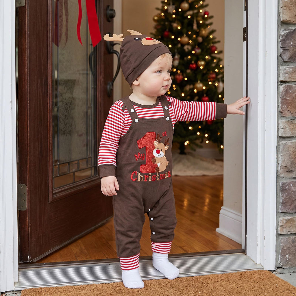 My 1st Christmas Reno | Conjunto Bebé Niño Mameluco Rayas Rojo + Peto Café + Gorro Reno