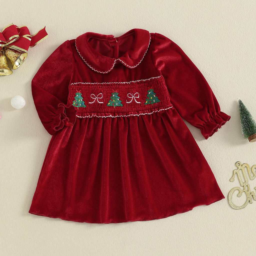 Christmas Velvet Girl | Vestido Terciopelo Rojo Niña + Cuello Peter Pan + Bordado Arbolitos Smocking