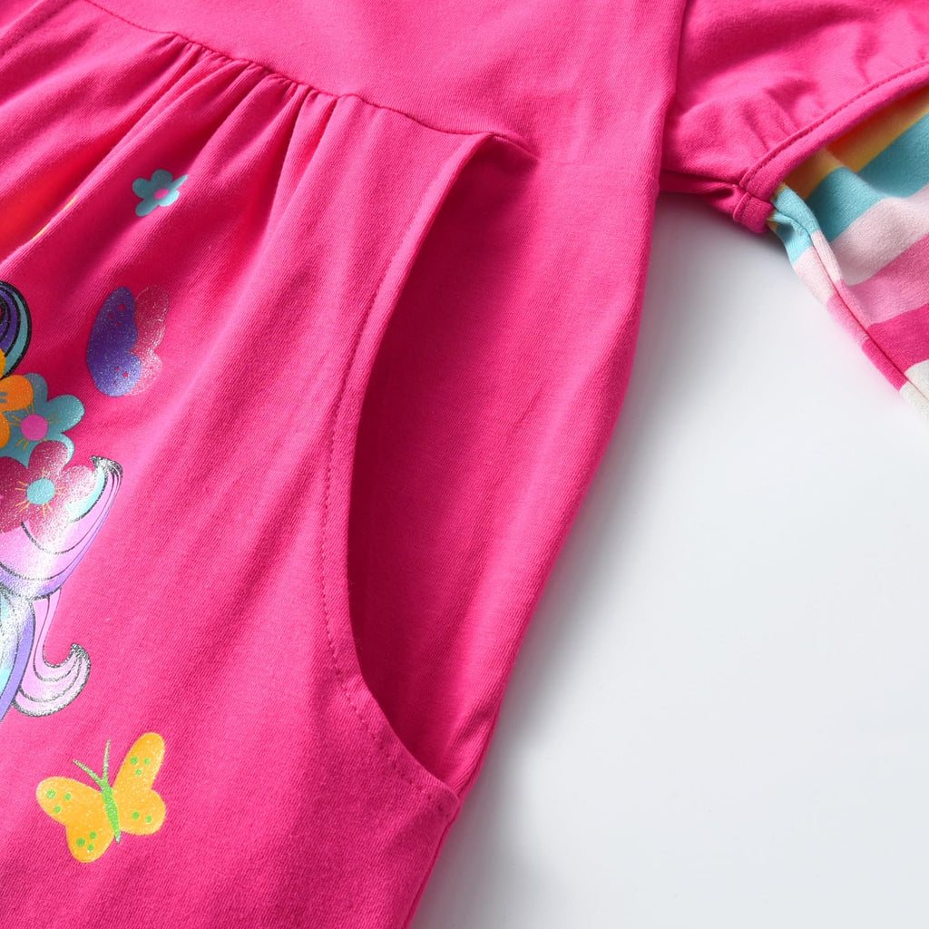 Vestido Niña VIKITA | 100% Algodón + Unicornio Floral Gigante + Mangas Rayas Arcoíris | Fucsia/Rosa Cumpleaños (3-8 Años)