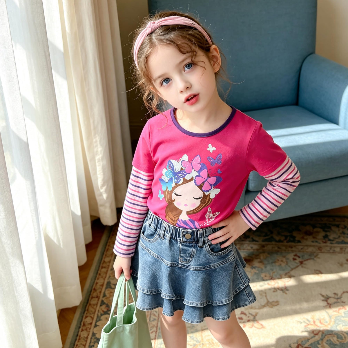 Top de Manga Larga con Niña y Mariposas para Niñas – Rosa Fucsia a Rayas Morado y Rosa, Algodón (2-12 Años)