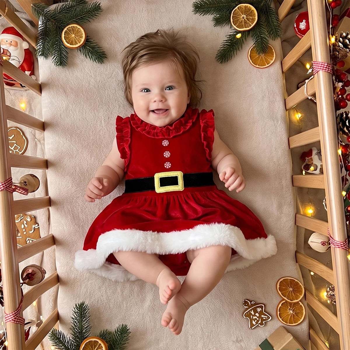 Santa Velvet Dress | Vestido Navideño Terciopelo Rojo Niña — Cuello Volantes + Botones Menta + Cintón + Ribete Piel Blanca