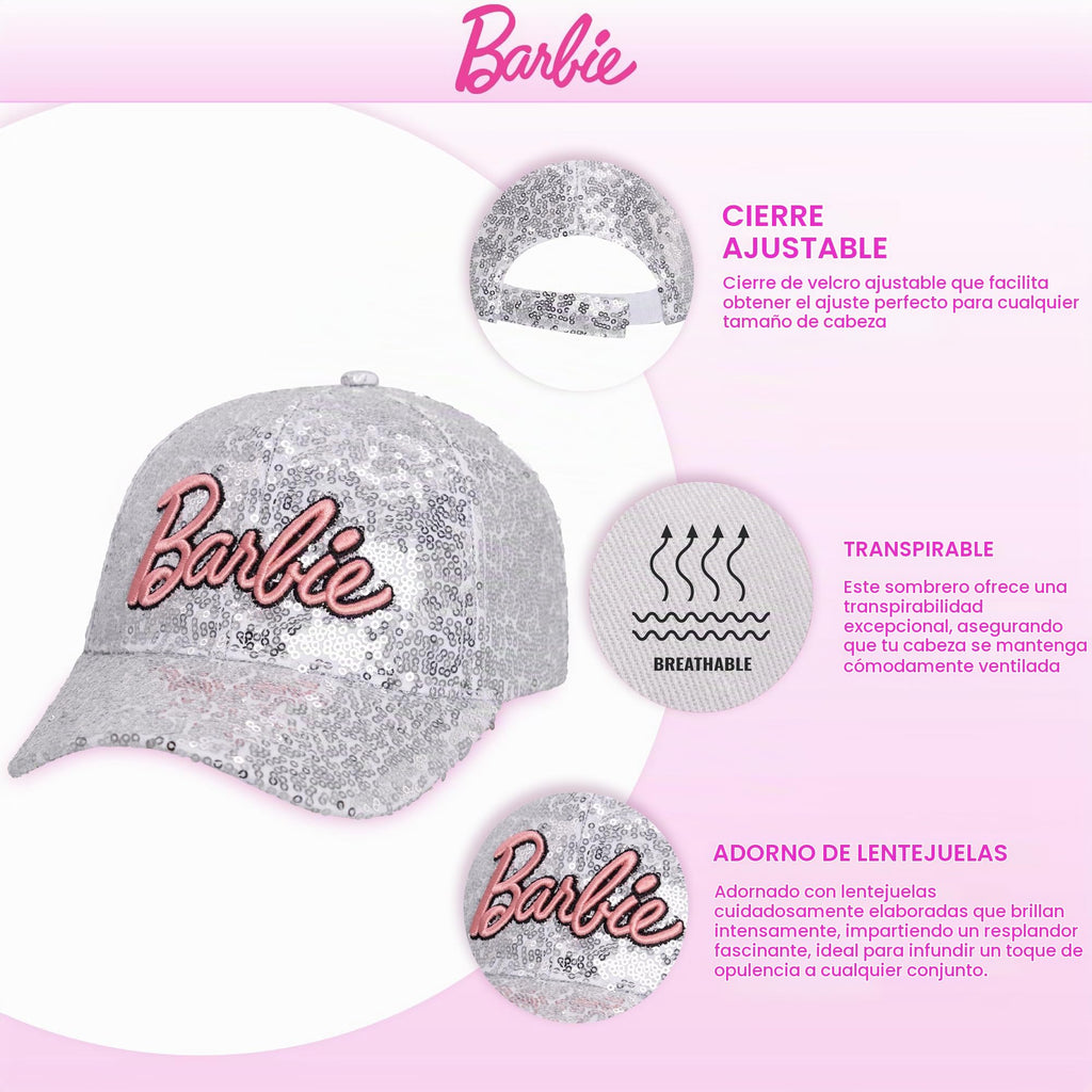 Gorra Barbie Lentejuelas Plateadas para Niñas — Talla Única Ajustable