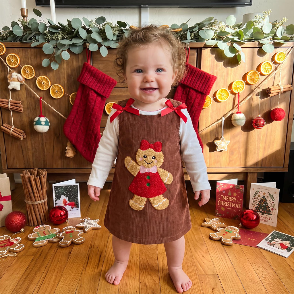 Gingerbread Girl Cafe | Vestido Pana Cafe Nina Sin Mangas + Cuello Redondo + Aplicacion Galleta Jengibre + Lazos