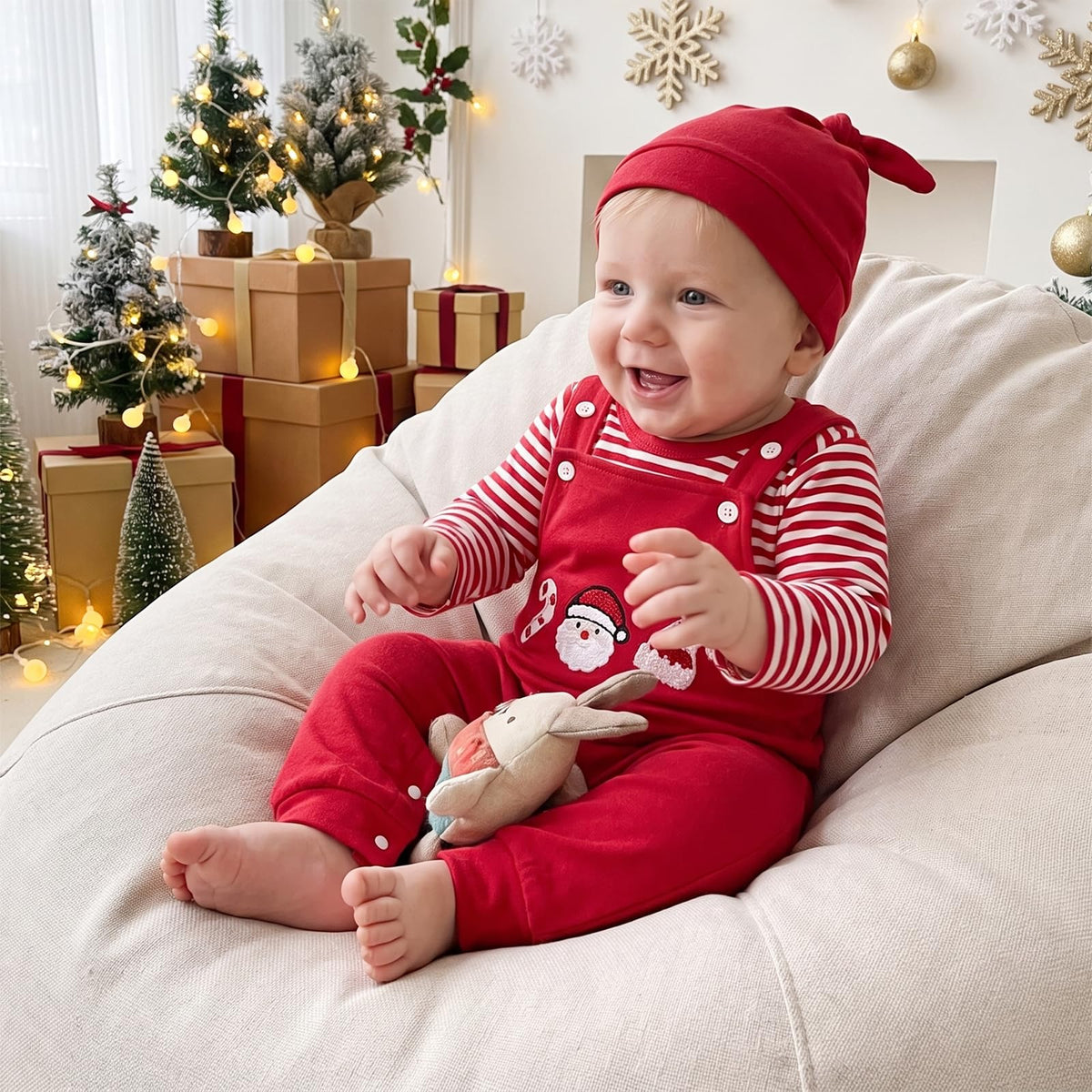 Santa Red Newborn Set | Conjunto 3 Piezas Bebé — Body Rayas Rojo + Overol Rojo + Papa Noel + Gorro Nudo