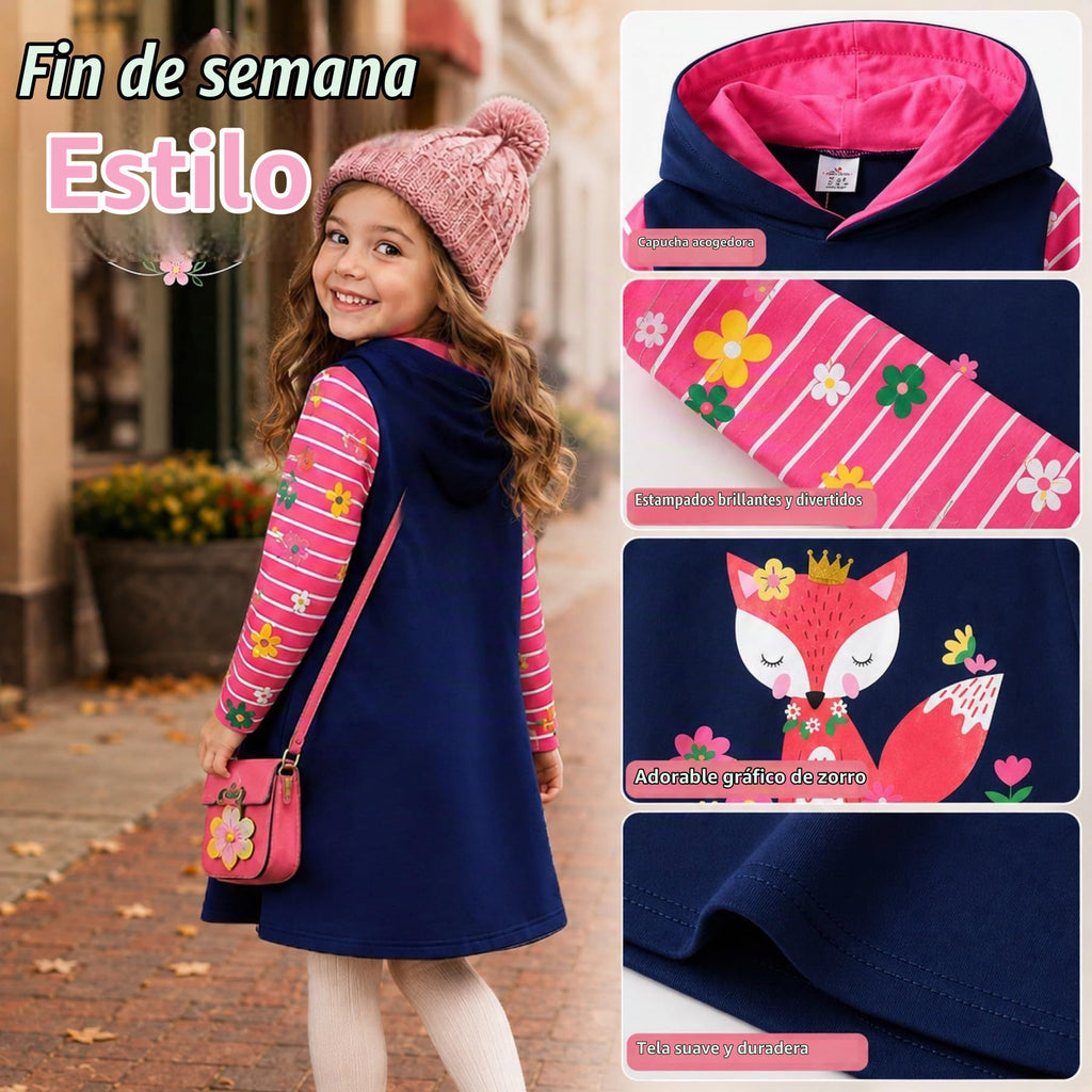 Vestido Hoodie de Zorro y Flores para Niñas – Manga Larga Azul Marino a Rayas, Algodón (3 - 12T)