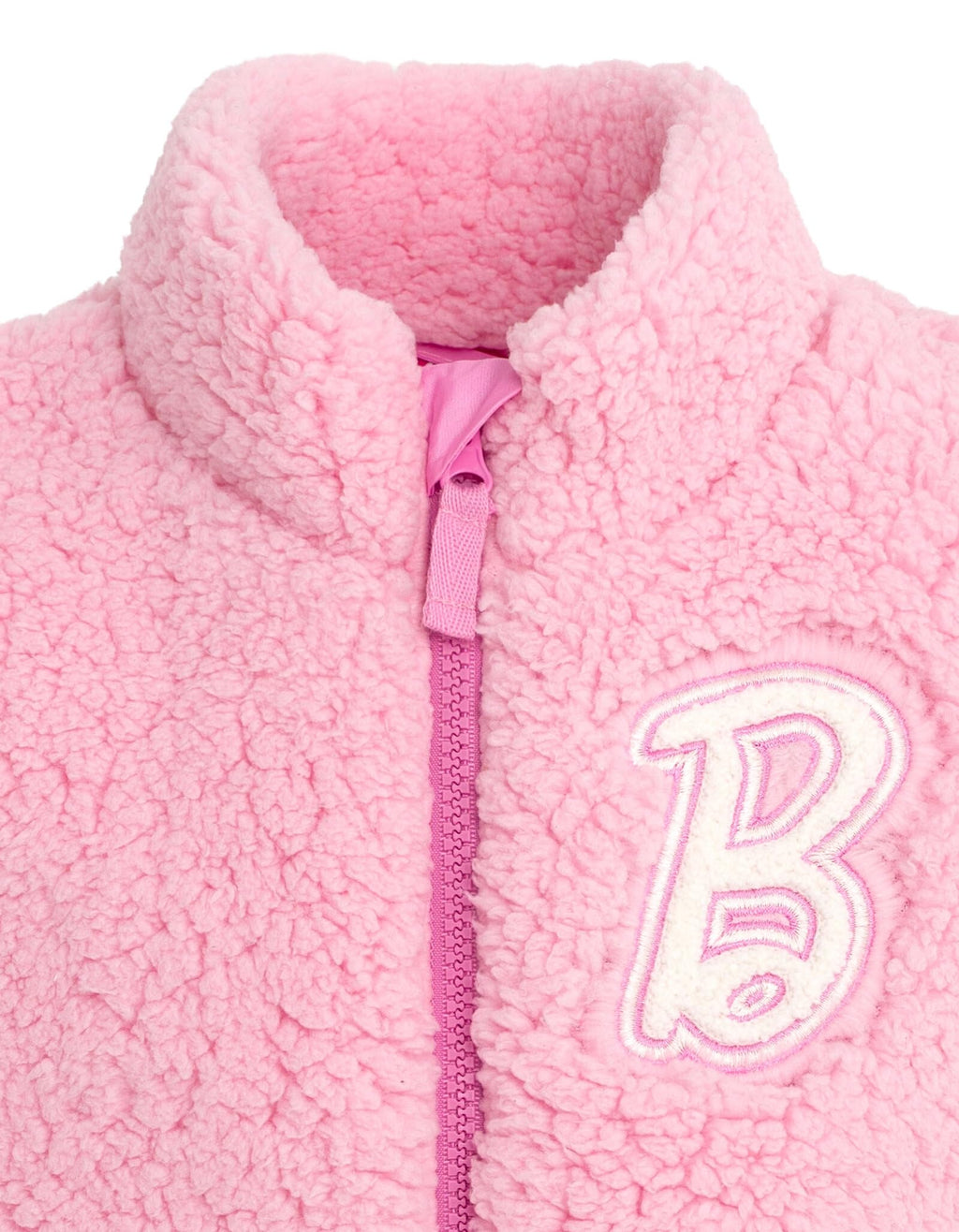 Chaleco Sherpa Barbie Oficial | Piel Oveja Sintética + Parches Felpilla “B” + Cuello Alto | Niña Rosa (5-16 Años)