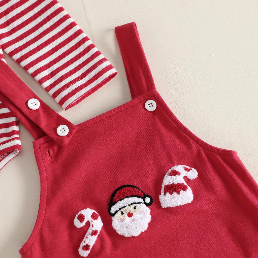 Santa Red Newborn Set | Conjunto 3 Piezas Bebé — Body Rayas Rojo + Overol Rojo + Papa Noel + Gorro Nudo