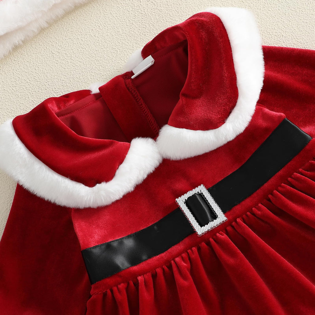 Bonangber | Mameluco Vestido Navideño Terciopelo Rojo Bebé Niña con Sombrero