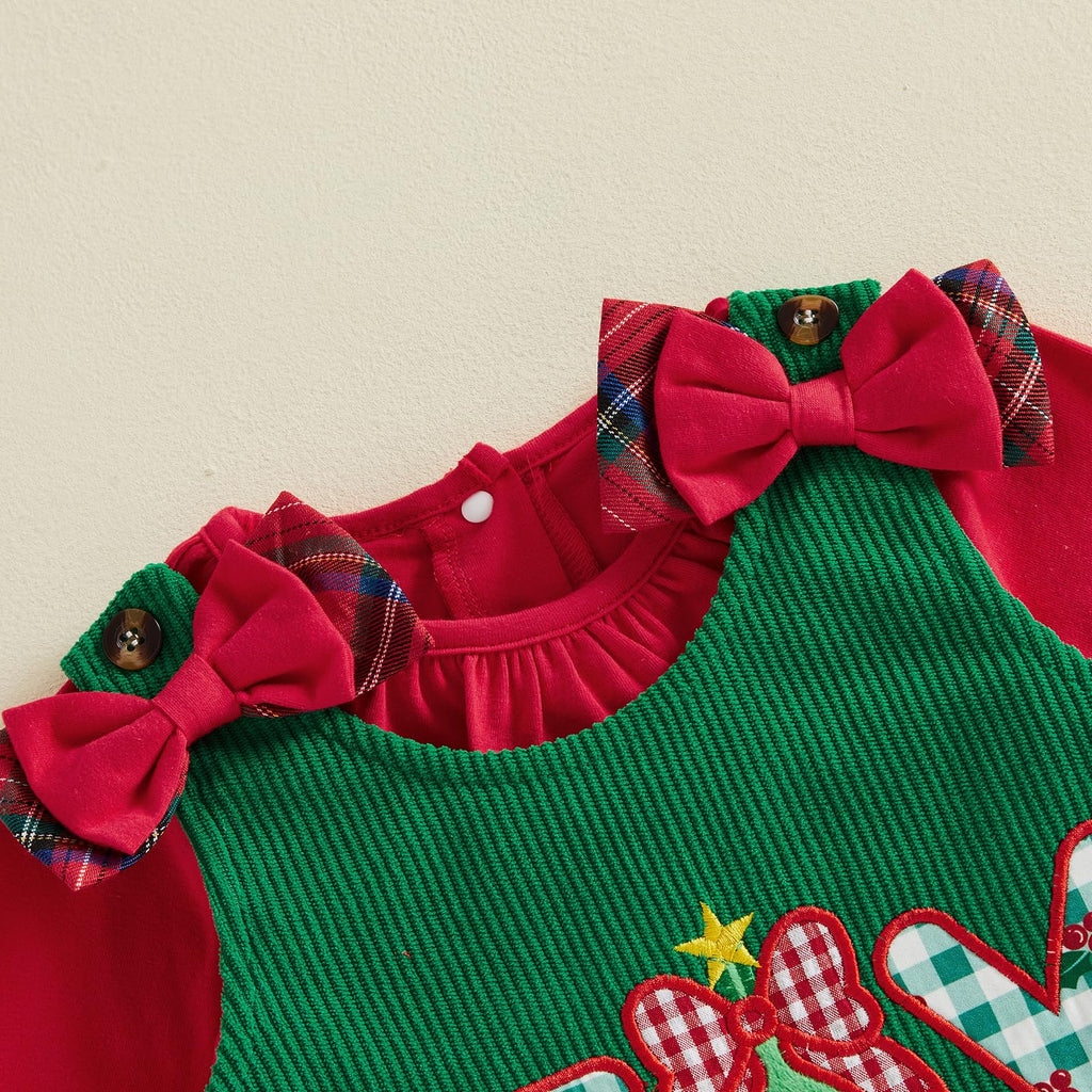 Joy to the World Girl Set | Conjunto 2 Piezas Niña — Blusa Roja Volantes + Vestido Pana Verde + JOY Bordado + Moños Cuadros