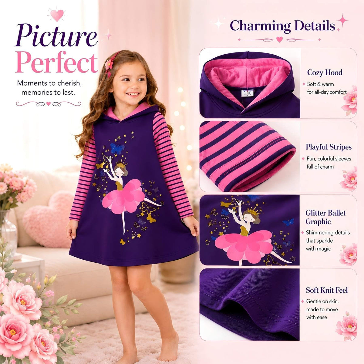 Vestido Hoodie de Bailarina para Niñas – Manga Larga Morado a Rayas Rosa, Algodón (3 - 12T)