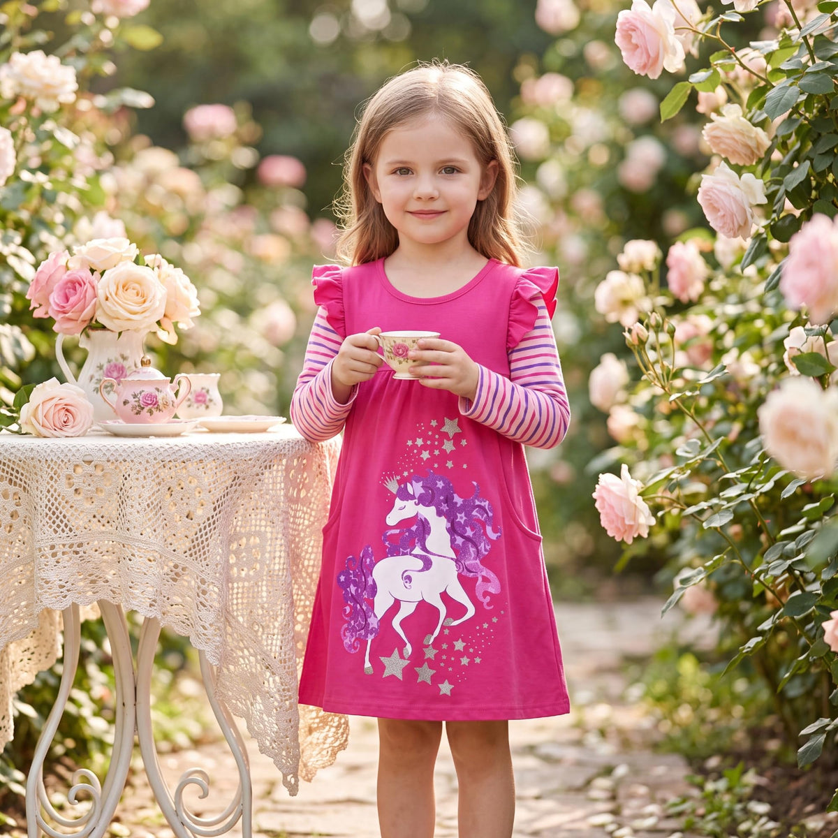 Vestido Niña DXTON | 95% Algodón + Unicornio Galáctico Melena Morada + Estrellas Glitter + Bolsillos | Fucsia/Rosa (3-8 Años)