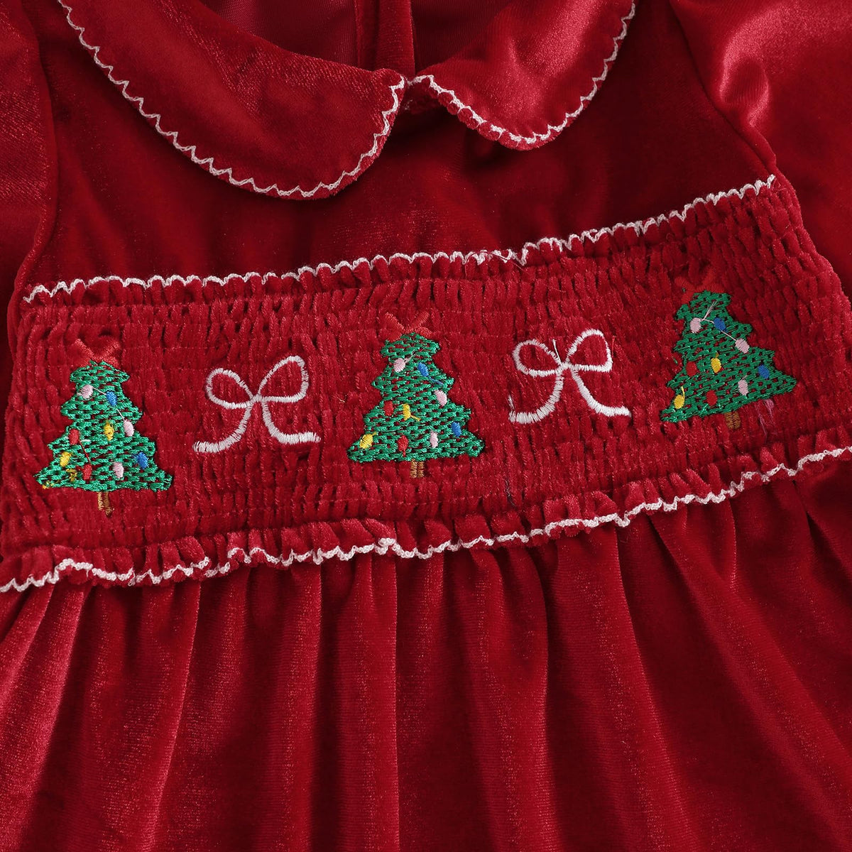 Christmas Velvet Girl | Vestido Terciopelo Rojo Niña + Cuello Peter Pan + Bordado Arbolitos Smocking