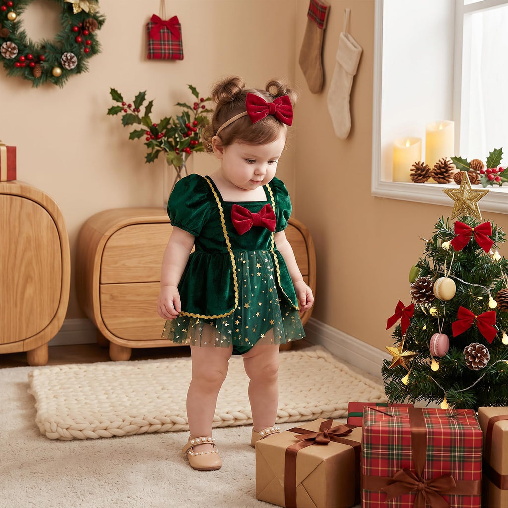 Mameluco Navideño de Terciopelo con Lazo y Tul Estrellas Bebé Niña - Verde