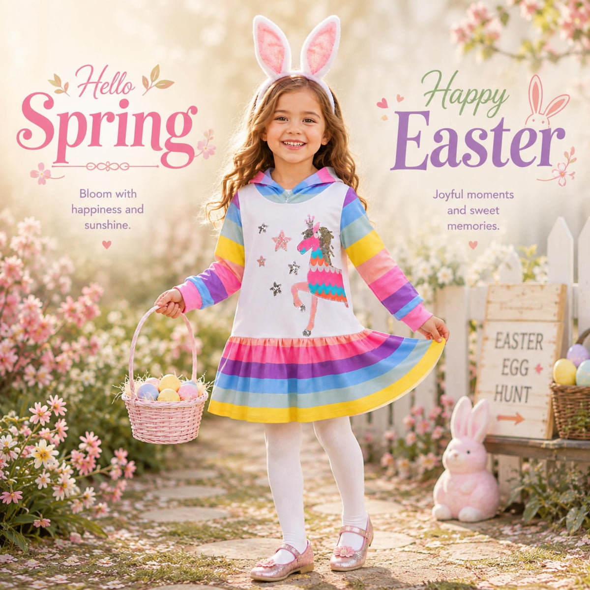 Vestido Hoodie de Unicornio para Niñas – Manga Larga Rayas Arcoíris con Lentejuelas, Algodón  (3 - 12T)