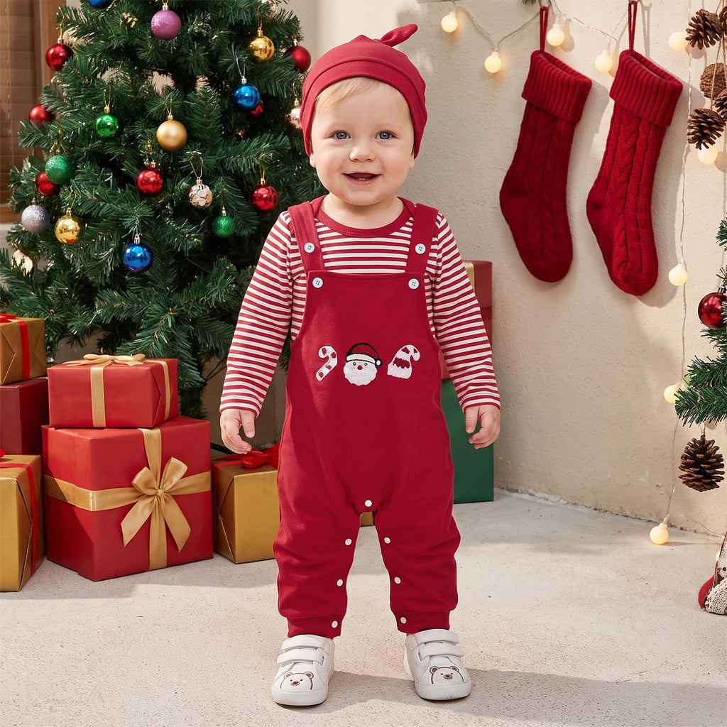 Santa Red Newborn Set | Conjunto 3 Piezas Bebé — Body Rayas Rojo + Overol Rojo + Papa Noel + Gorro Nudo