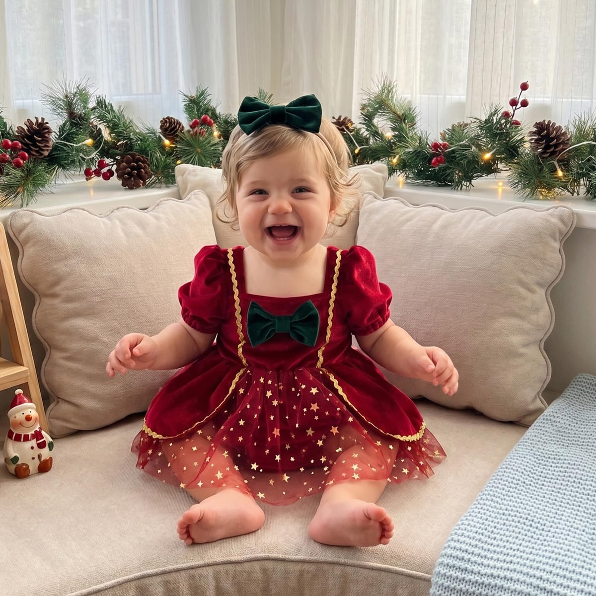 Mameluco Navideño de Terciopelo con Lazo y Tul Estrellas Bebé Niña