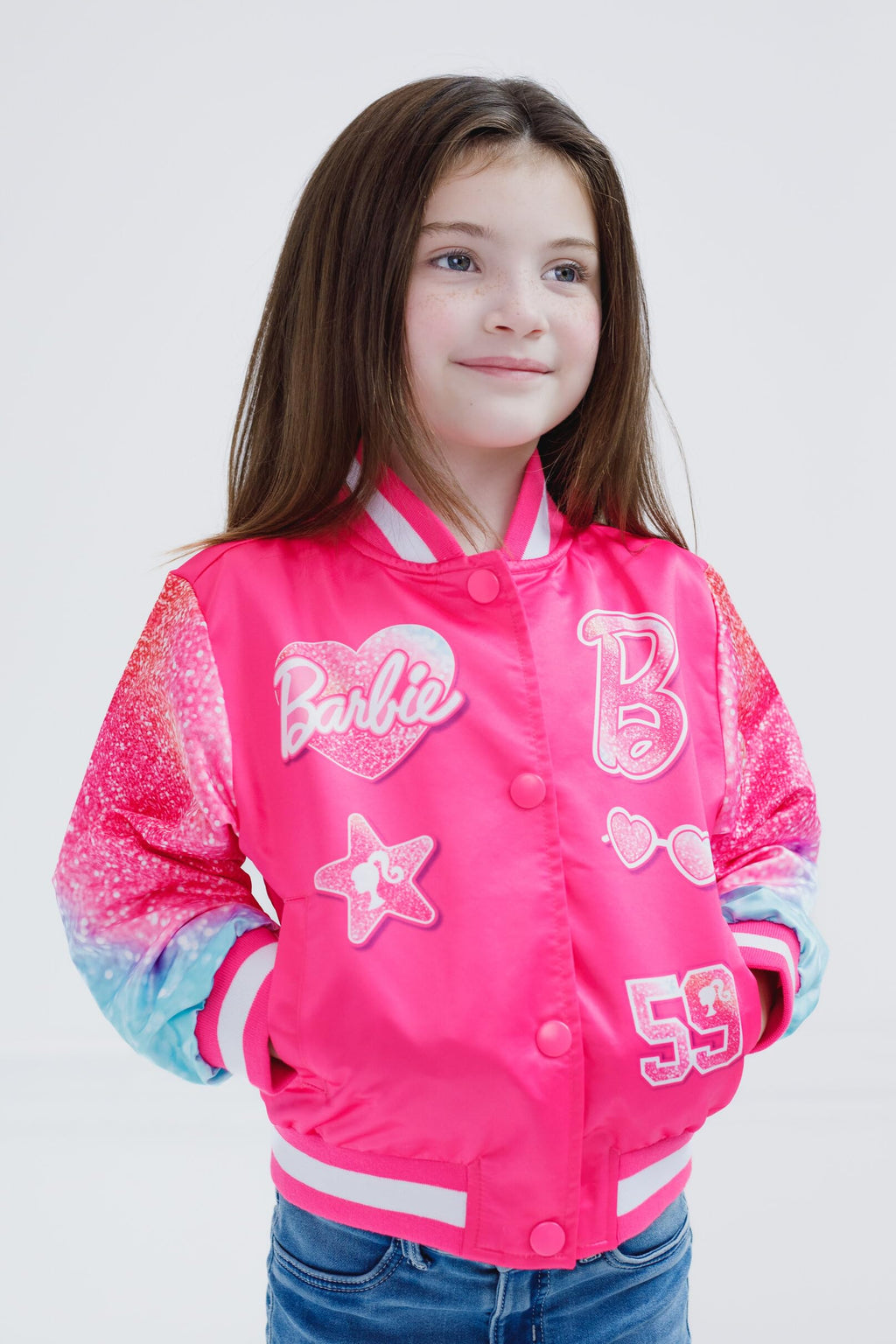 Chaqueta Bomber Varsity Barbie Oficial | Mangas Purpurina Degradada + 5 Parches Glitter + Satén Rosa | Niña Glam (4-16T)