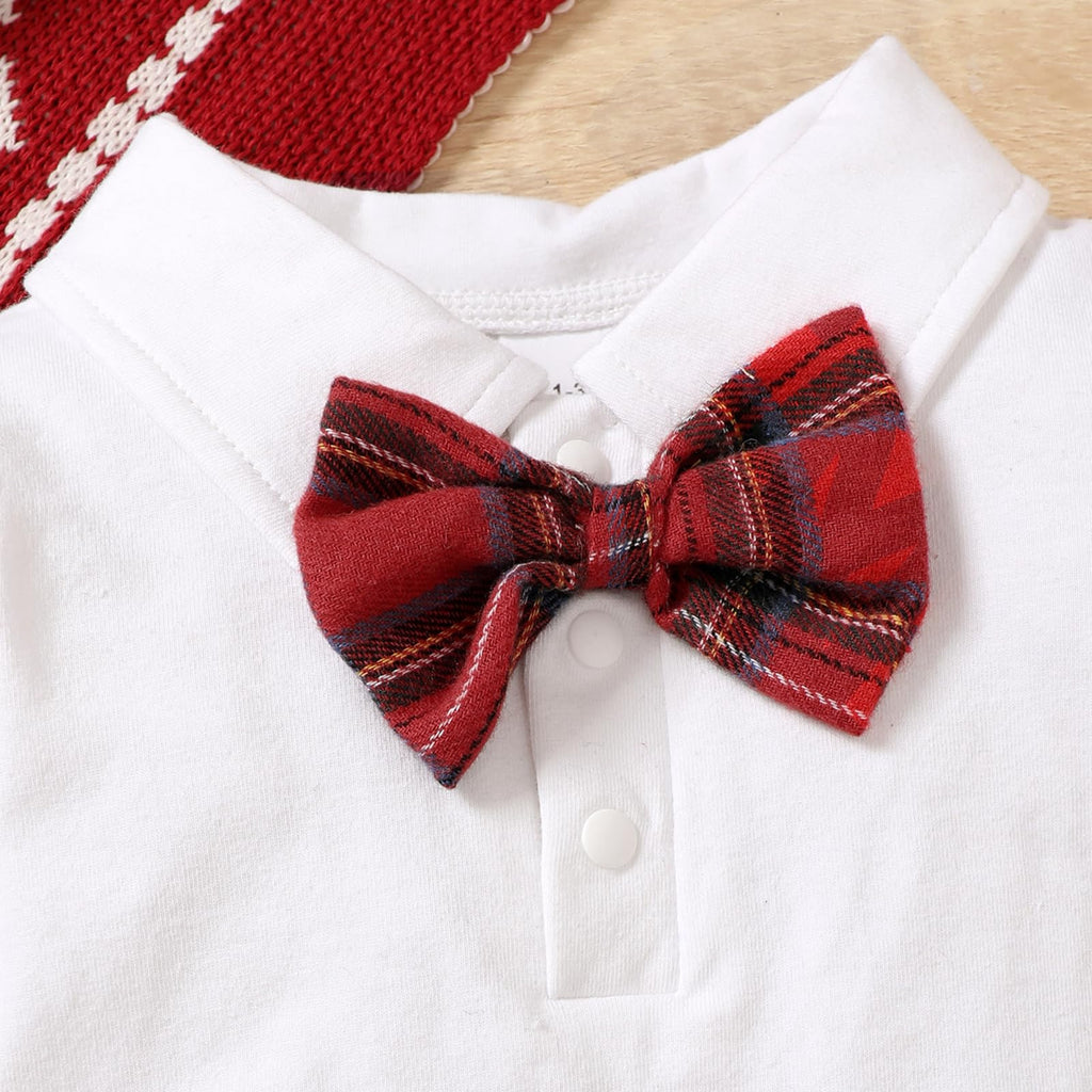 Little Gentleman | Conjunto Navideño Bebé Niño Mameluco Blanco + Pantalon Tirantes Cuadros + Gorro