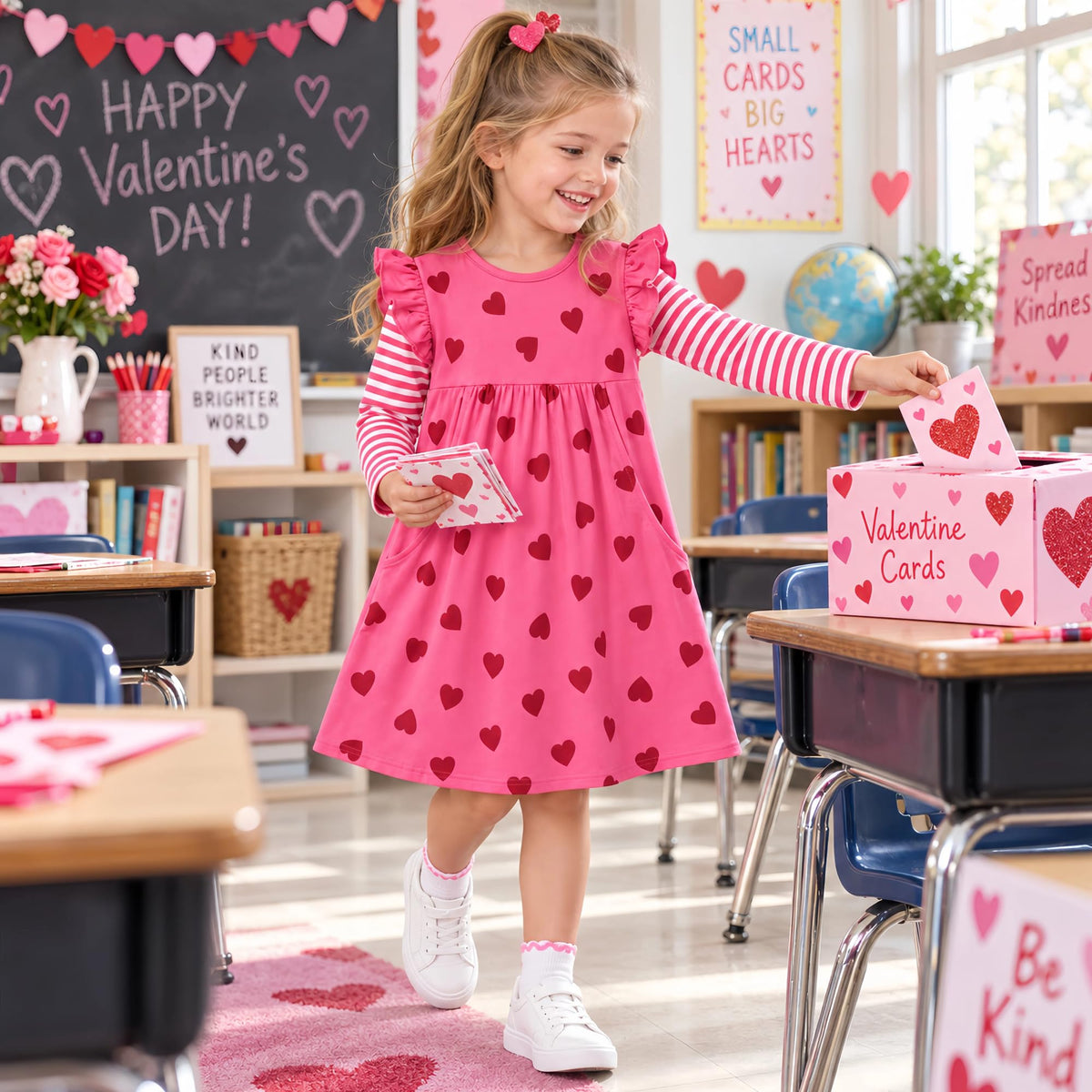 Vestido Niña | Algodón + All-Over Corazones Rojos + Manga Flutter Rayas Fucsia/Blanco + Bolsillos | Fucsia (3T - 8T)