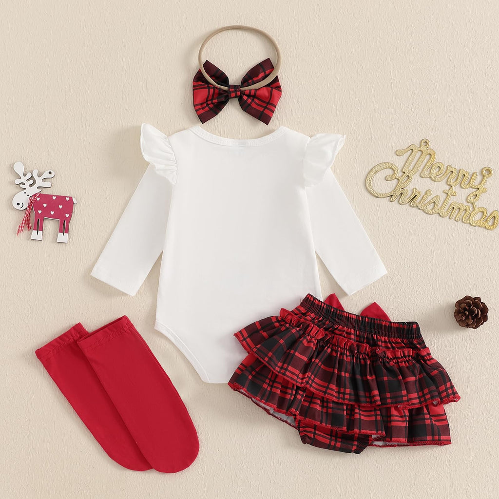 My 1st Christmas Reno | Conjunto Navideño Bebé Niña Falda Cuadros Rojo + Medias + Diadema