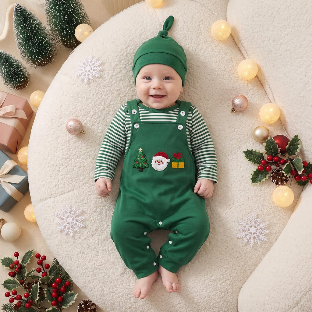 Christmas Green Newborn Set | Conjunto 3 Piezas Bebé — Body Rayas Verde + Overol Verde + Aplicaciones Navideñas + Gorro Nudo