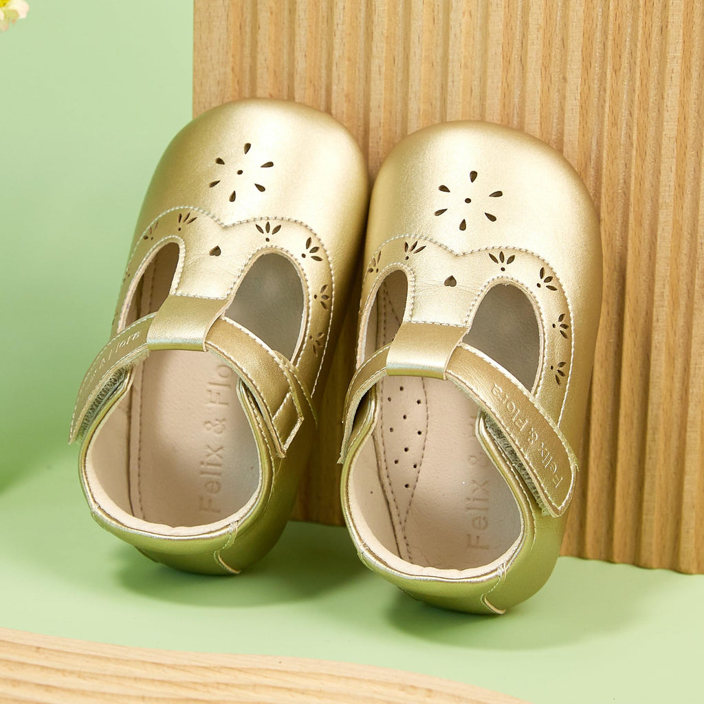 Zapatos de Vestir Estilo T-Strap Antideslizantes de Suela Suave para Bebé (Oro) – Félix & Flora