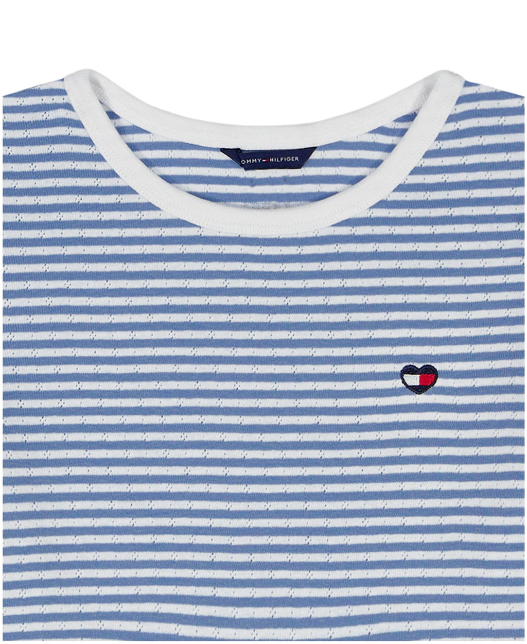 Tommy Hilfiger | Camiseta Nina Manga Corta | Rayas Azul Cielo + Blanco con Lurex | Cuello Contrastante Blanco | Logo Bandera TH Corazon Bordado | Corte Relaxed  (7 - 10T)