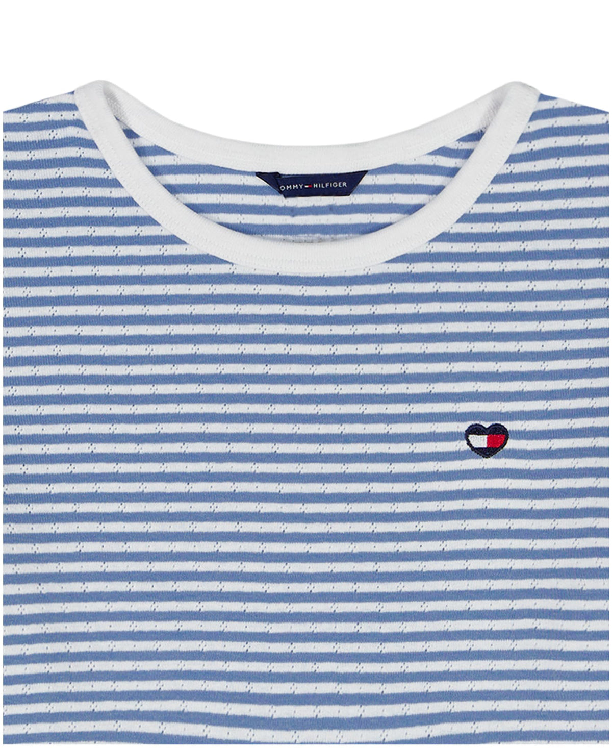 Tommy Hilfiger | Camiseta Nina Manga Corta | Rayas Azul Cielo + Blanco con Lurex | Cuello Contrastante Blanco | Logo Bandera TH Corazon Bordado | Corte Relaxed  (7 - 10T)