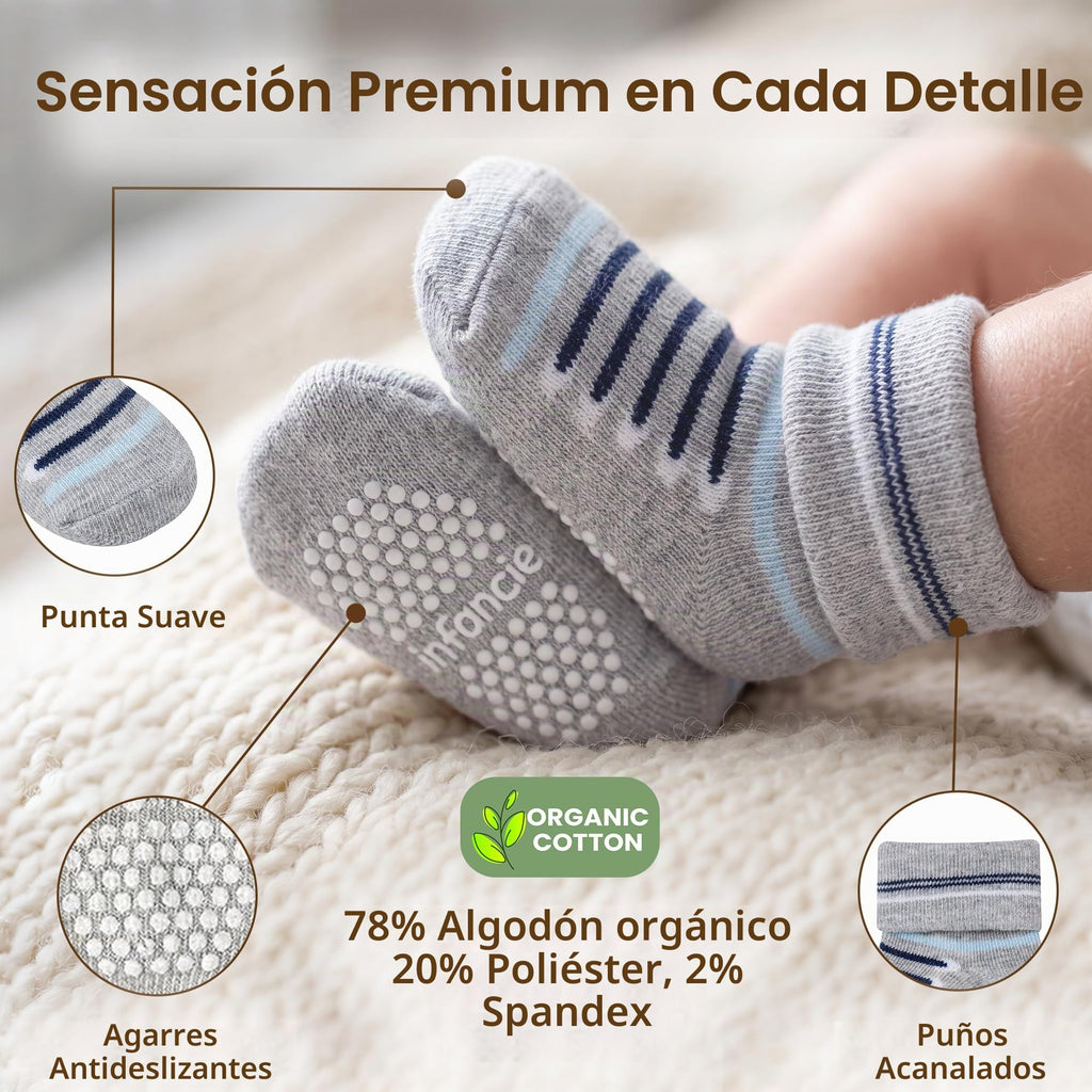 infancie | Calcetines Bebé Niño Pack 6 Algodón Orgánico GOTS Antideslizante Estampados Azul Gris 0-6 Meses