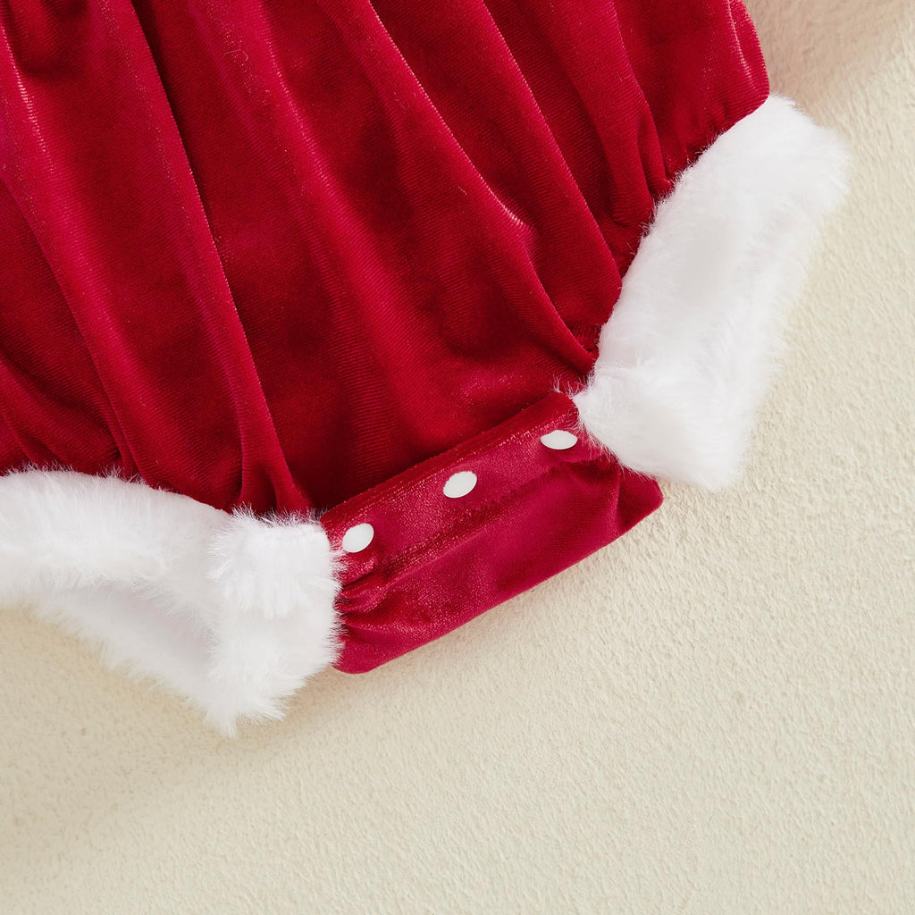 Santa Velvet Ruffle Romper | Body Terciopelo Rojo Bebé Niña — Escote Cuadrado + Mangas Volantes + Ribete Felpa + Diadema Moño