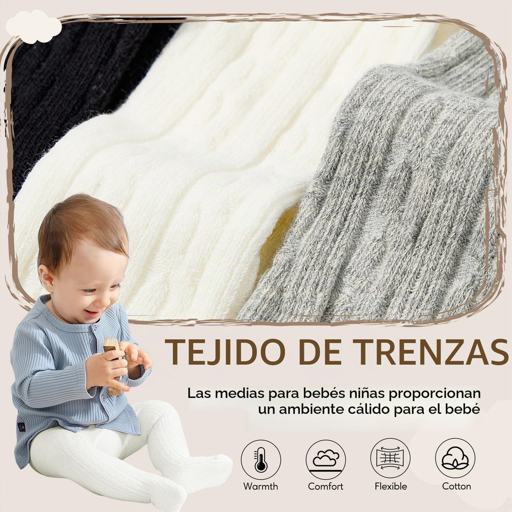 Pack 3 Leotardos con Pies Zando | Espacio para Pañal + Algodón Premium + Negro Blanco Gris | Bebé Niña 0-4T