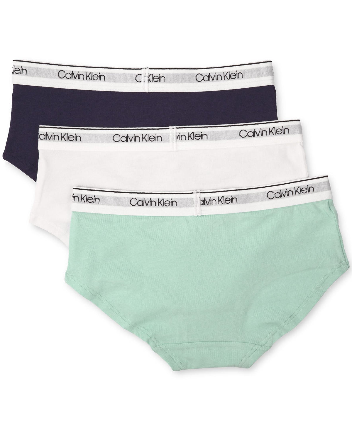 Calvin Klein | Panty Hipster Nina Pack 3 | 95% Algodon 5% Elastano | Pretina Elastica Logo CK | Transpirable Duradero | Navy + Blanco Clasico + Verde Menta (Solo 14-16T)