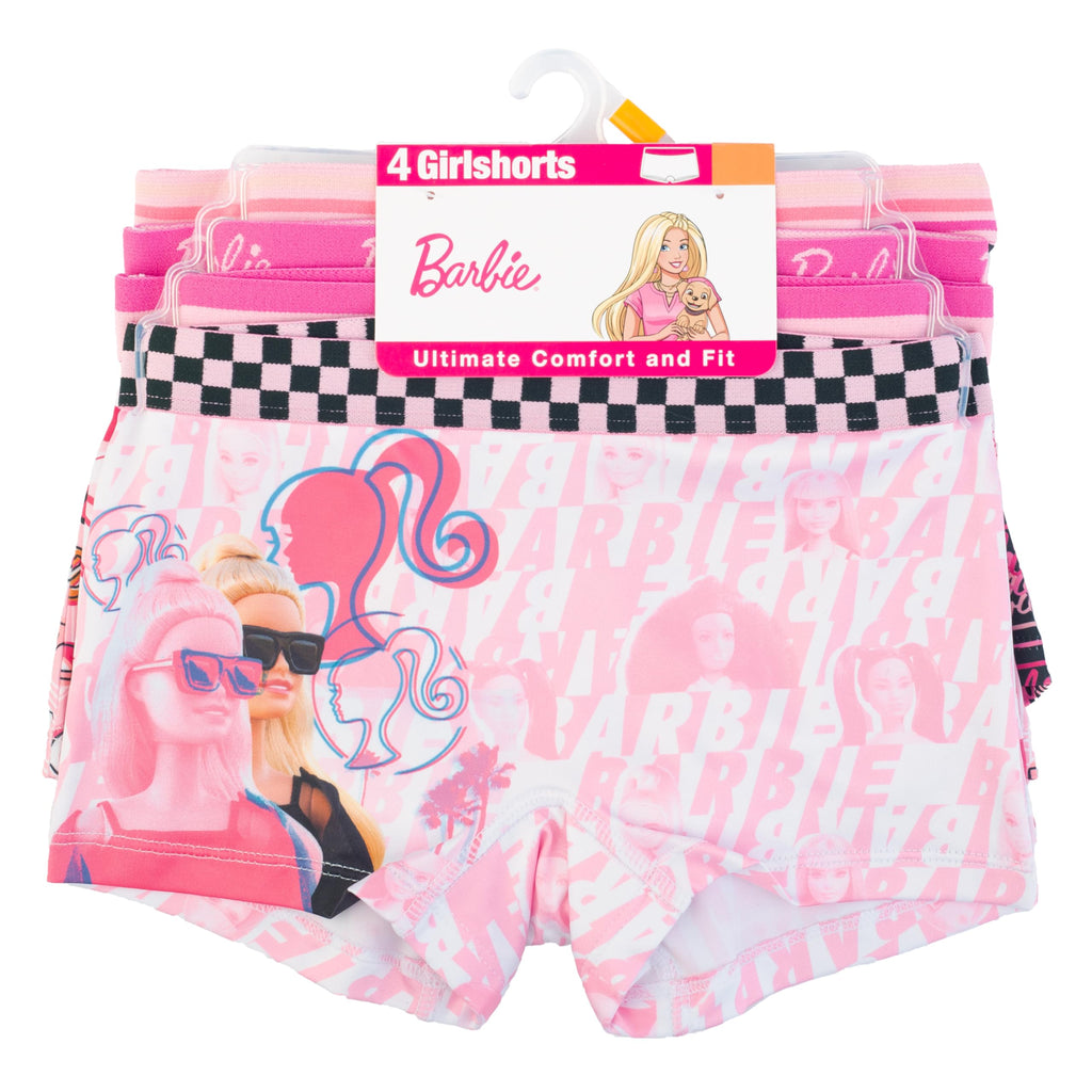 Barbie | Boxer Brief Nina Pack 4 | 92% Poliester 8% Licra | Entrepierna Algodon | Sin Etiqueta | Cintura Cepillada | Estampados Iconicos Rosa Fucsia Negro (4 - 10T)