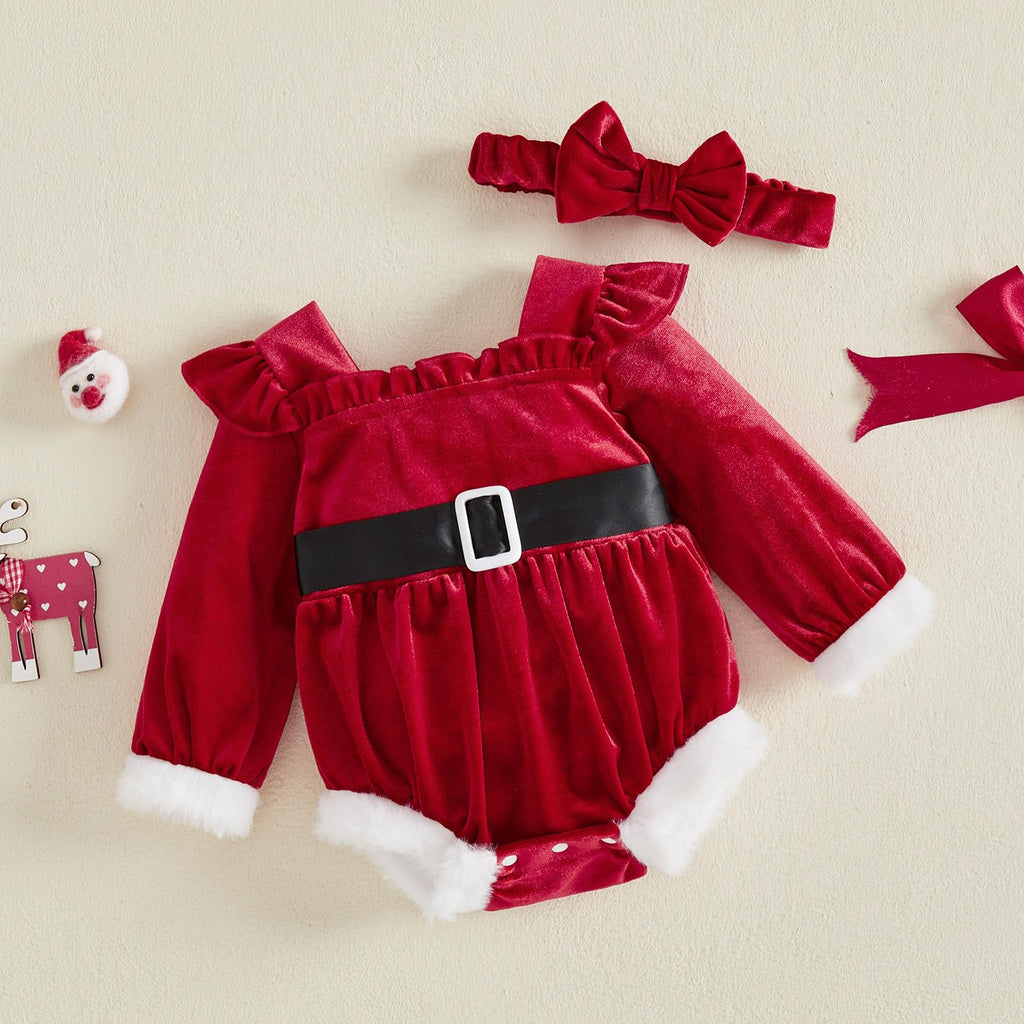Santa Velvet Ruffle Romper | Body Terciopelo Rojo Bebé Niña — Escote Cuadrado + Mangas Volantes + Ribete Felpa + Diadema Moño