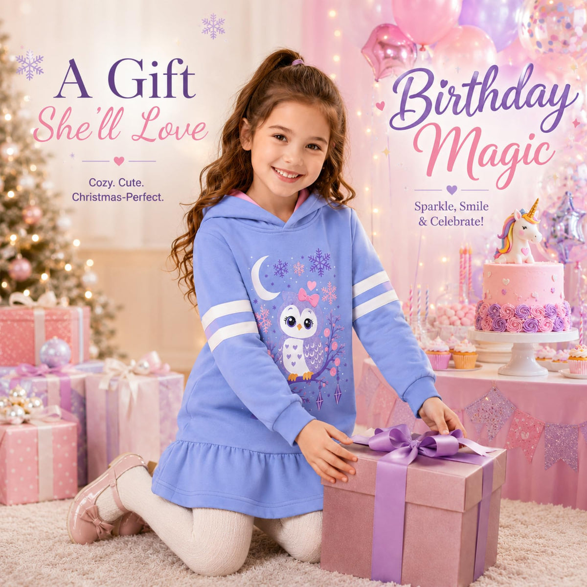 Vestido Hoodie de Búho para Niñas – Manga Larga Azul con Volante, Algodón (3 - 12T)